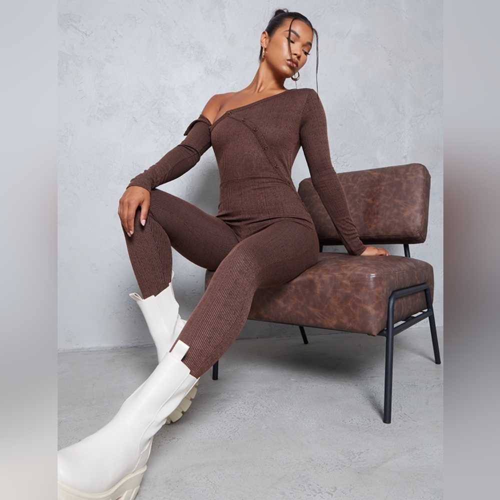 Pretty Little Thing Ribbed Bardot Button Jumpsuit